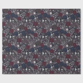 Papier Cadeau Motif Roses Sombres Gothiques Crâne Pleine Lune