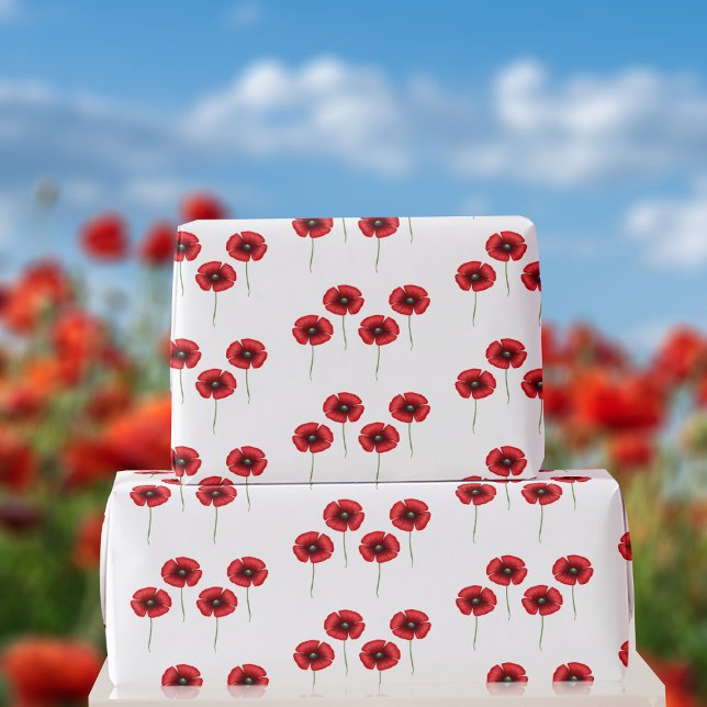 Papier Cadeau Motif rouge de pavot sur papier blanc (A pretty poppy pattern wrapping paper just for you)