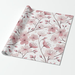 Papier Cadeau Motif Sakura en fleurs de cerises roses sur blanc