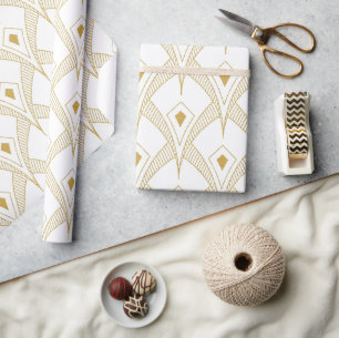 Papier Cadeau Motif sans couture art déco or et blanc 3