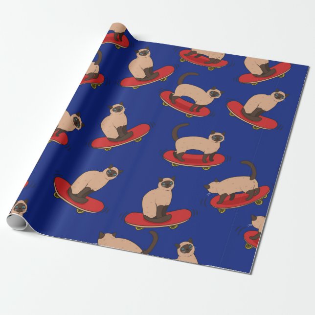 Papier Cadeau Motif sans couture avec chats siamois sur skateboa (Déroulé)