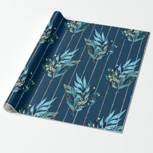 Papier Cadeau Motif sans couture avec feuilles bleus et rayures