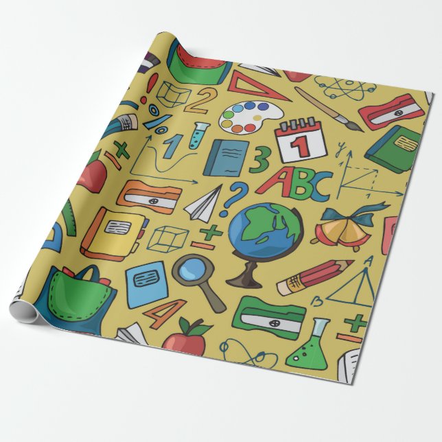Papier Cadeau Motif sans couture avec fournitures scolaires sur  (Déroulé)