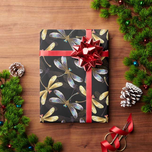 Papier Cadeau Motif sans couture avec libellules d'or (Cadeau de vacances)