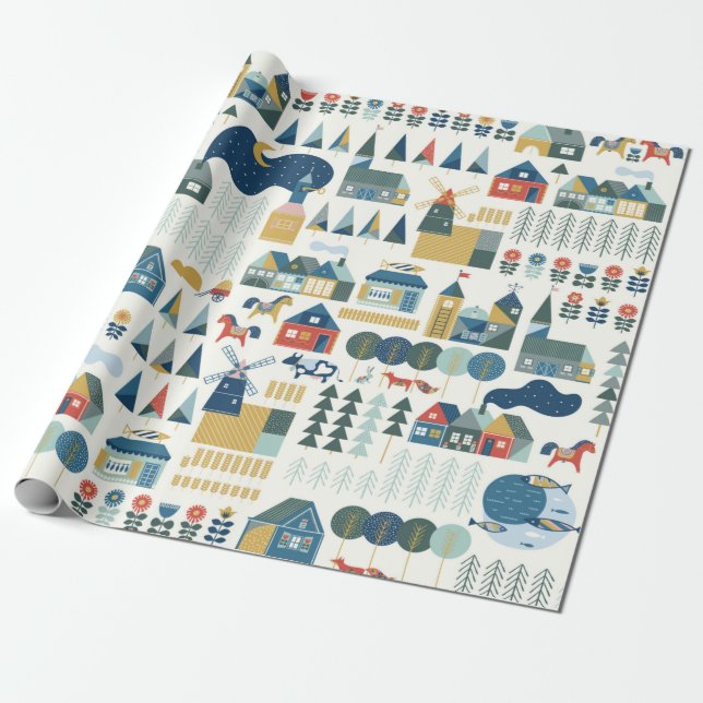 Papier Cadeau Motif sans couture avec village scandinave dans le (Déroulé)
