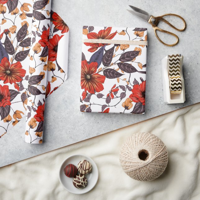 Papier Cadeau Motif sans couture de fleurs rouge orange (Artisanat)