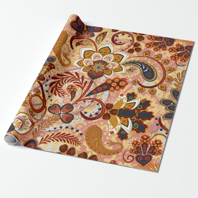 Papier Cadeau Motif sans couture Paisley avec des fleurs dans l' (Déroulé)