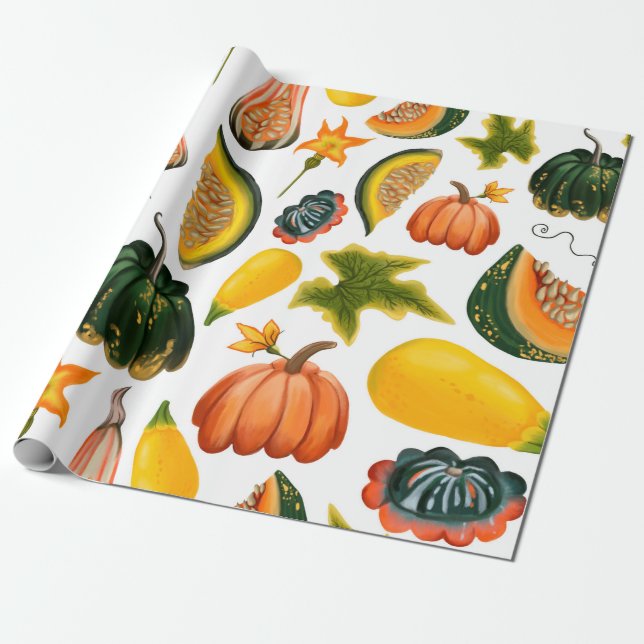 Papier Cadeau Motif sans faille de citrouilles et de feuilles su (Déroulé)