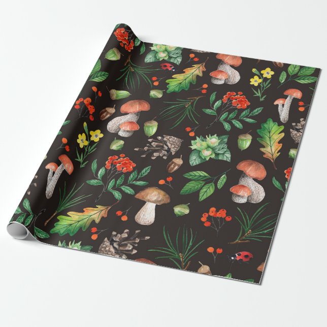 Papier Cadeau Motif sans joint avec champignons, noix, feuilles, (Déroulé)