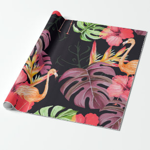 Papier Cadeau Motif sans joint de fleur d'hibiscus, de flamants 