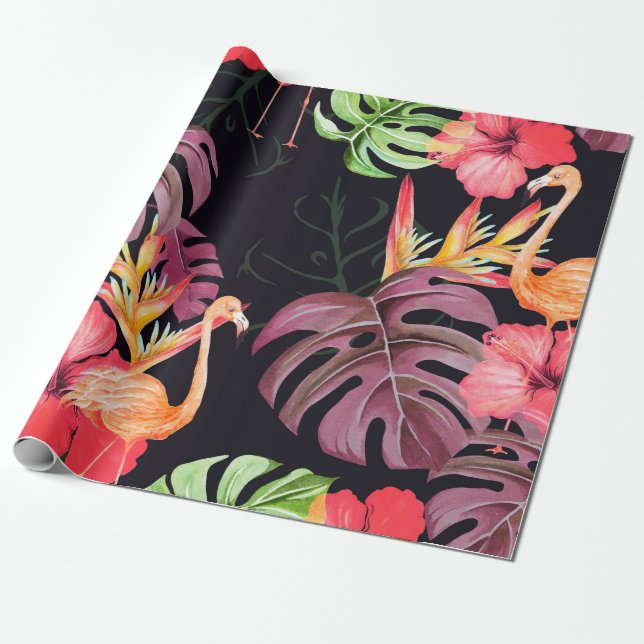 Papier Cadeau Motif sans joint de fleur d'hibiscus, de flamants  (Déroulé)