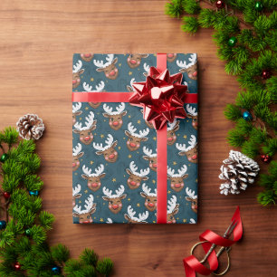 Papier Cadeau Motif sarcelle de visage de renne clignant douteux