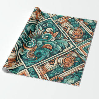 Papier Cadeau Motif sarcelle et terracotta inspiré des Aztèques