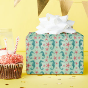 Papier Cadeau Motif Seahorse turquoise
