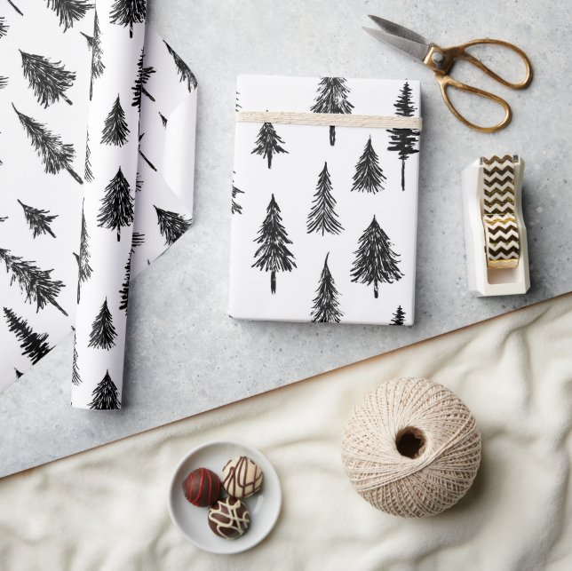 Papier Cadeau Motif simple d'arbre noir et blanc (Artisanat)