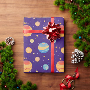 Papier Cadeau Motif spatial coloré avec planètes, étoiles