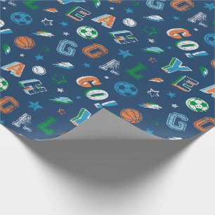 Papier Cadeau Motif sportif avec texte, boules et étoiles