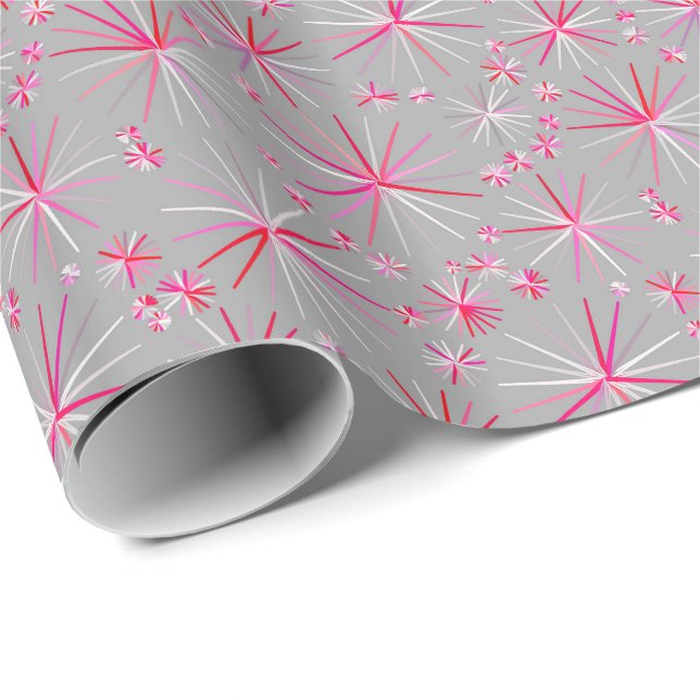Papier Cadeau Motif Spoutnik du milieu du siècle, Grey et Fuchsi (Coin rond)