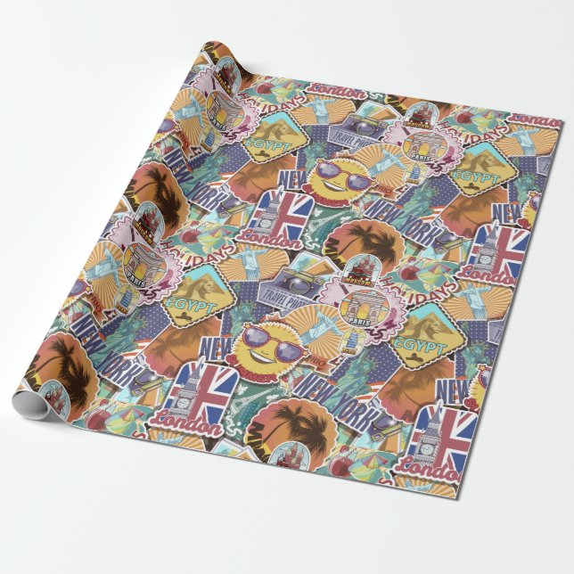 Papier Cadeau Motif Sticker Voyage (Déroulé)