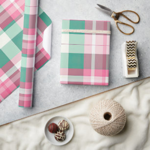 Papier Cadeau Motif Tartan Plaid Rose Et Mint Vert