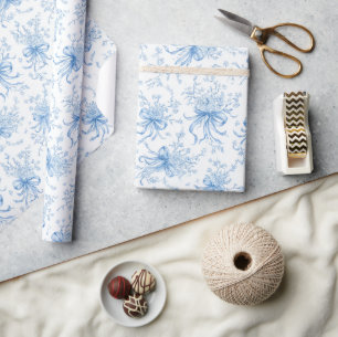 Papier Cadeau Motif Toile Coquette Rubans et Nœuds Bleus 