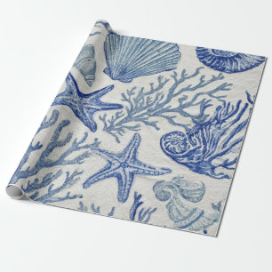 Papier Cadeau Motif Toile Côtière Bleue Coquillage Corail