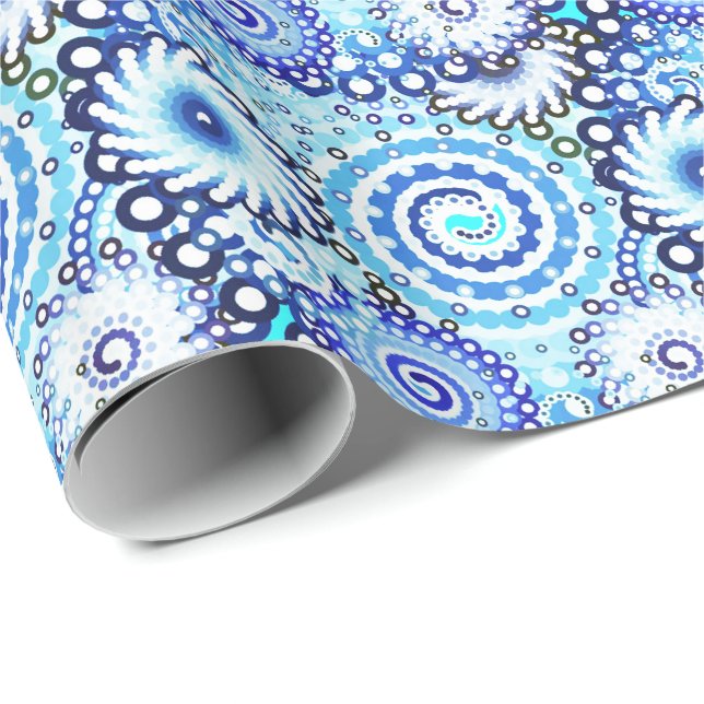 Papier Cadeau Motif tourbillon fractal, nuances bleues (Coin rond)