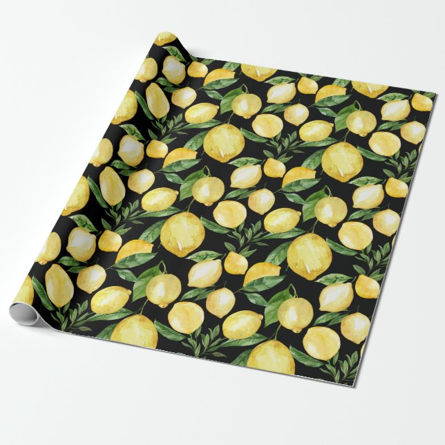 Papier Cadeau Motif transparent citrons sur arrière - plan noir (Déroulé)