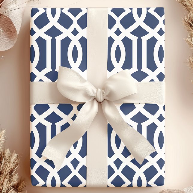 Papier Cadeau Motif Trellis Marocain Blanc et Marine tendance (Créateur téléchargé)