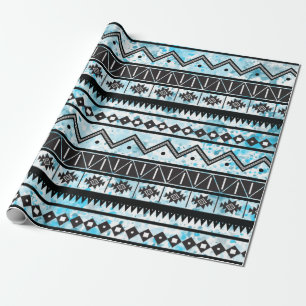 Papier Cadeau Motif tribal Aztec noir et aquarelle bleue