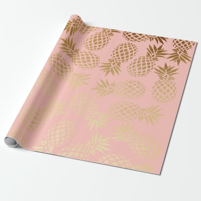 Papier Cadeau motif tropical d'ananas d'or élégant de faux (Déroulé)