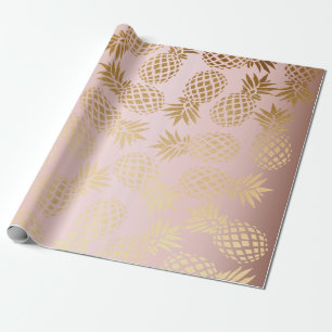 Papier Cadeau motif tropical d'ananas d'or rose élégant de fau