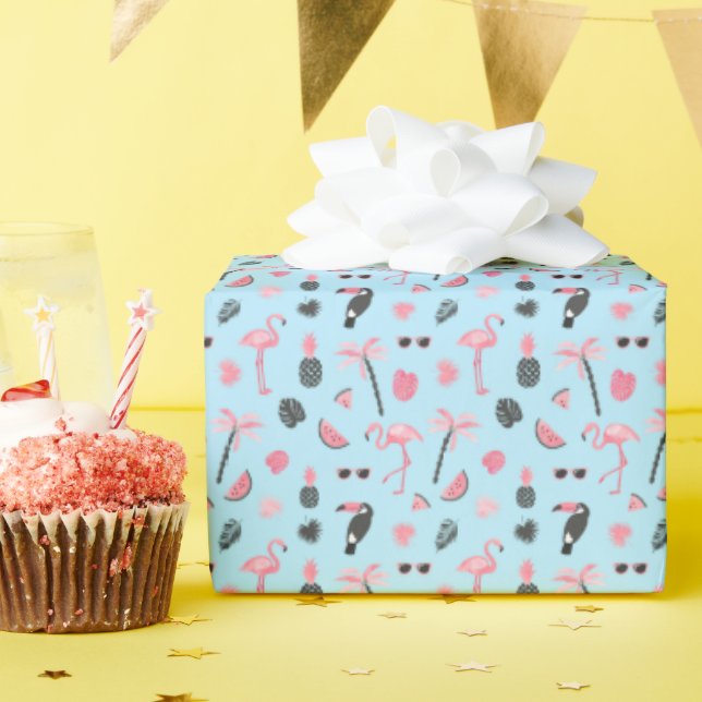 Papier Cadeau Motif tropical d'été rose et bleu (Fête d'anniversaire)