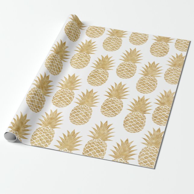 Papier Cadeau Motif tropical élégant d'ananas d'or blanc (Déroulé)