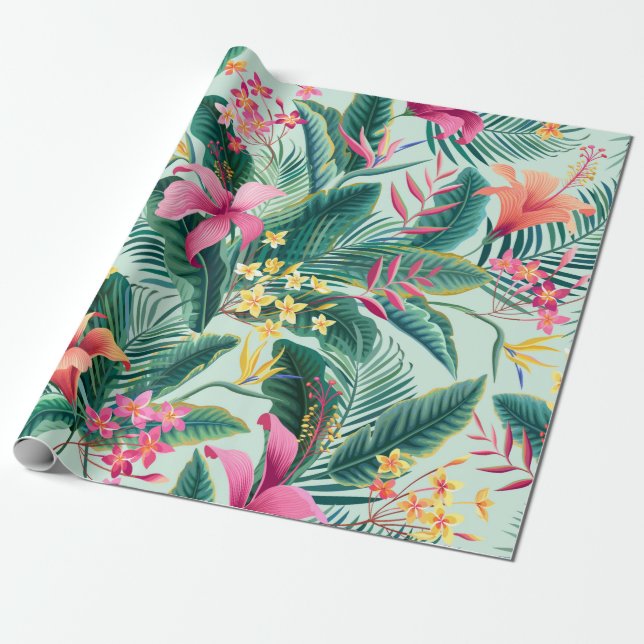 Papier Cadeau motif tropical fleuri sans coutures avec hibiscus  (Déroulé)
