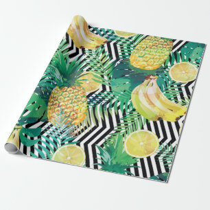 Papier Cadeau Motif tropical sans voile avec bananes citrons pal
