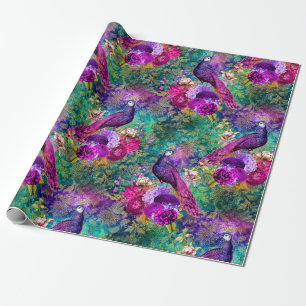 Papier Cadeau Motif vibrant de paon illustré