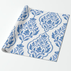 Papier Cadeau Motif vintage sans couture bleu et blanc damassé. 