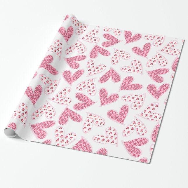 Papier Cadeau Motif Whimsical Rose Floral Hearts (Déroulé)