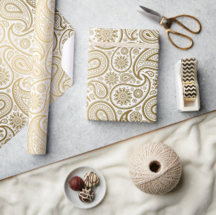 Papier Cadeau Motif White & Gold Paisley