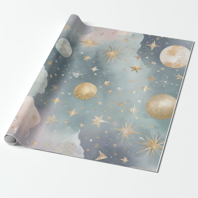 Papier Cadeau Motifs célestes tels que lunes, étoiles (Déroulé)