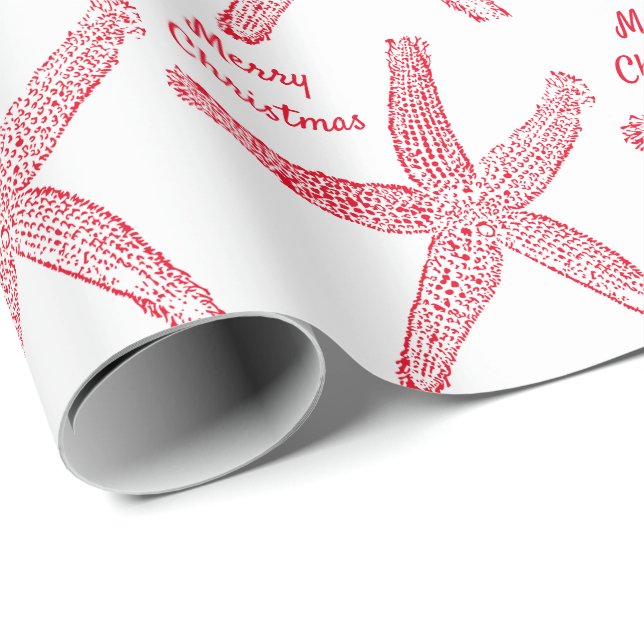 Papier Cadeau Motifs d'étoiles de mer Rouge Blanc Merry Christma (Coin rond)