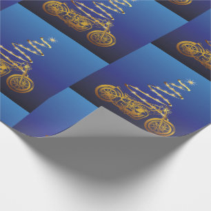 Papier Cadeau moto noël arbre or et bleu