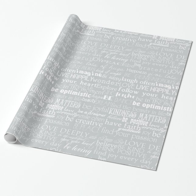 Papier Cadeau Mots Inspirants Gris Blanc (Déroulé)