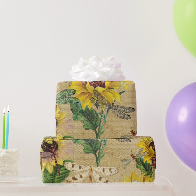 Papier Cadeau  Mouches de tournesol jaune rétro (Cadeaux de fête)