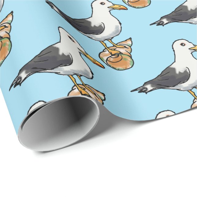 Papier Cadeau mouette de mer sur un motif de coquillage (Coin rond)