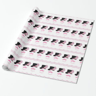 Papier Cadeau Moustache rose, chapeau et perles
