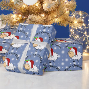 Papier Cadeau Mouton de Noël portant un chapeau de Père Noël