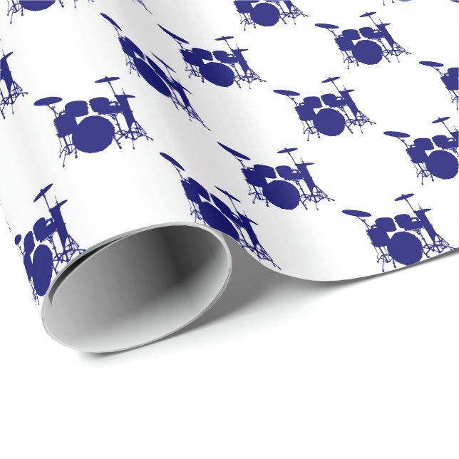 Papier Cadeau Musique Dark Navy Bleu Tambour ensemble sur blanc (Coin rond)