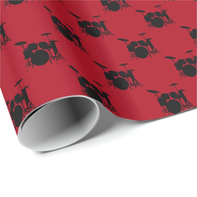 Papier Cadeau Musique Noir Tambour ensemble sur Rouge foncé (Coin rond)